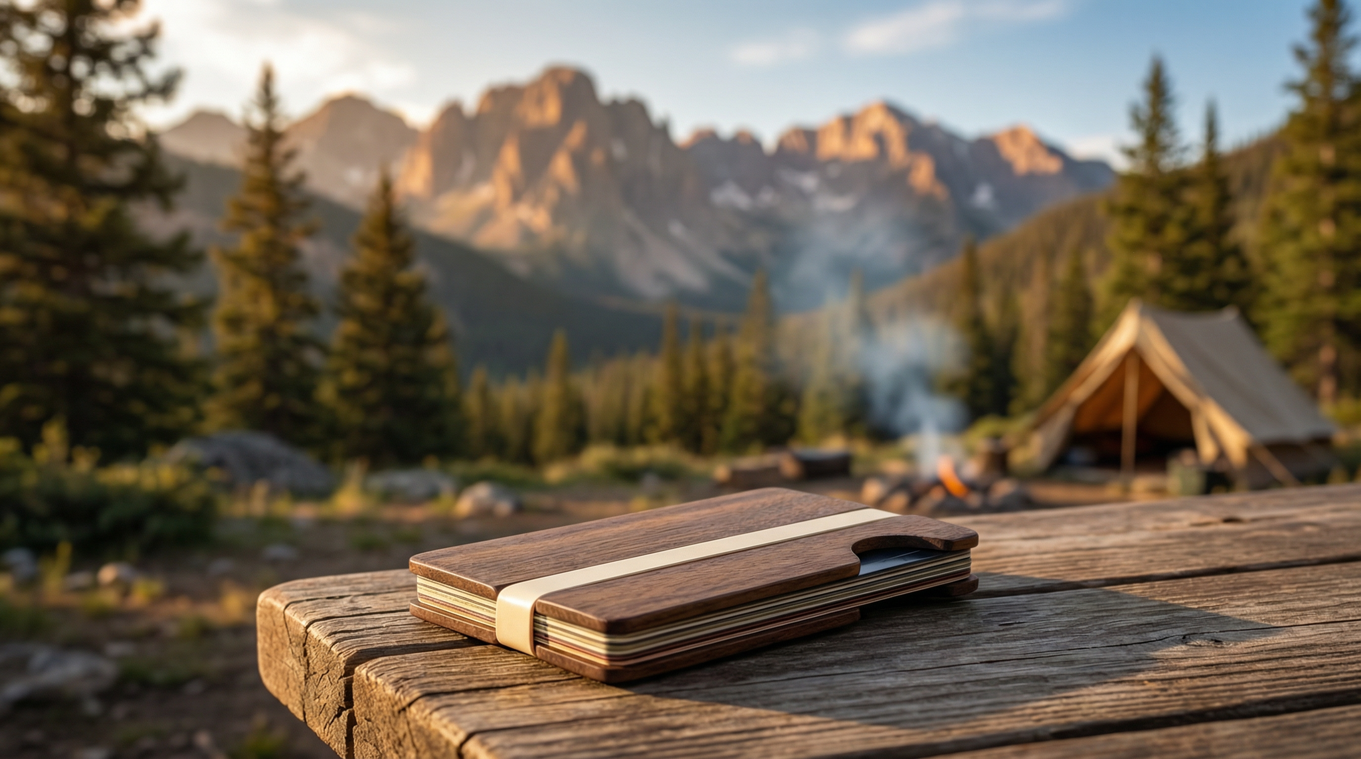 Tomi Wallet on rustic table with Colorado Rocky Mountains backdrop