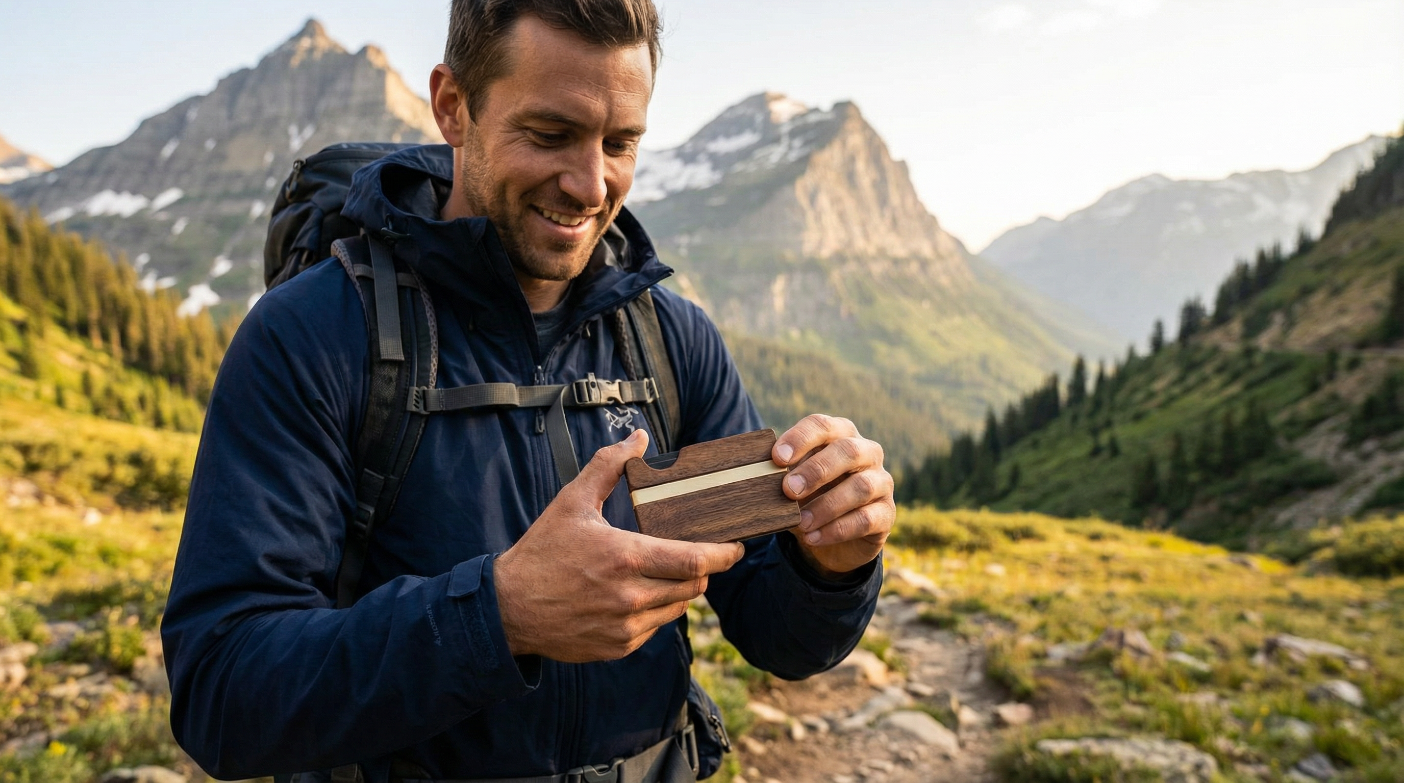 Hiker examining Tomi Wallet on Colorado mountain trail with Rocky Mountain peaks in background