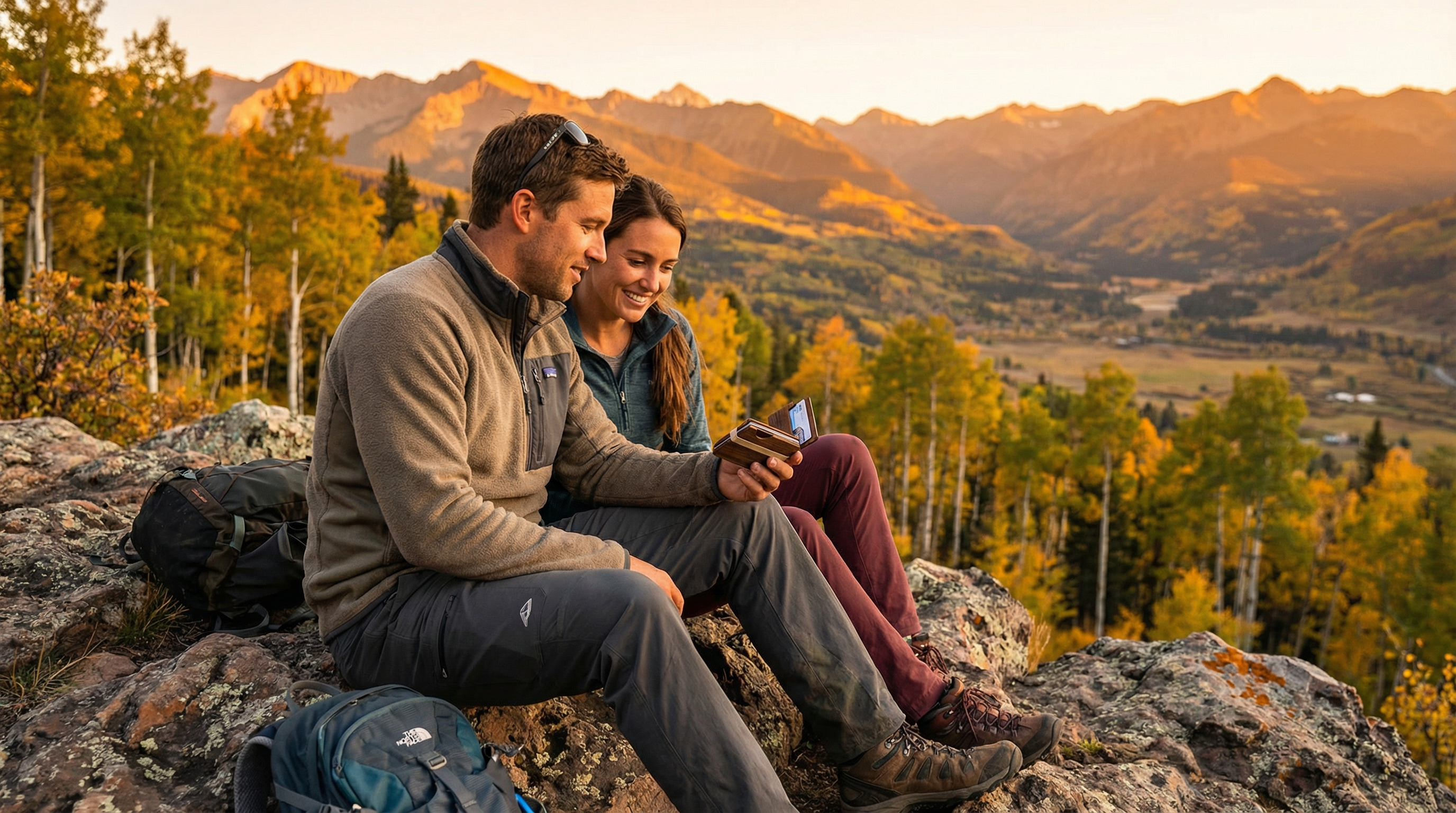 Two hikers sharing Tomi Wallet moment overlooking Colorado mountain valley during sunset