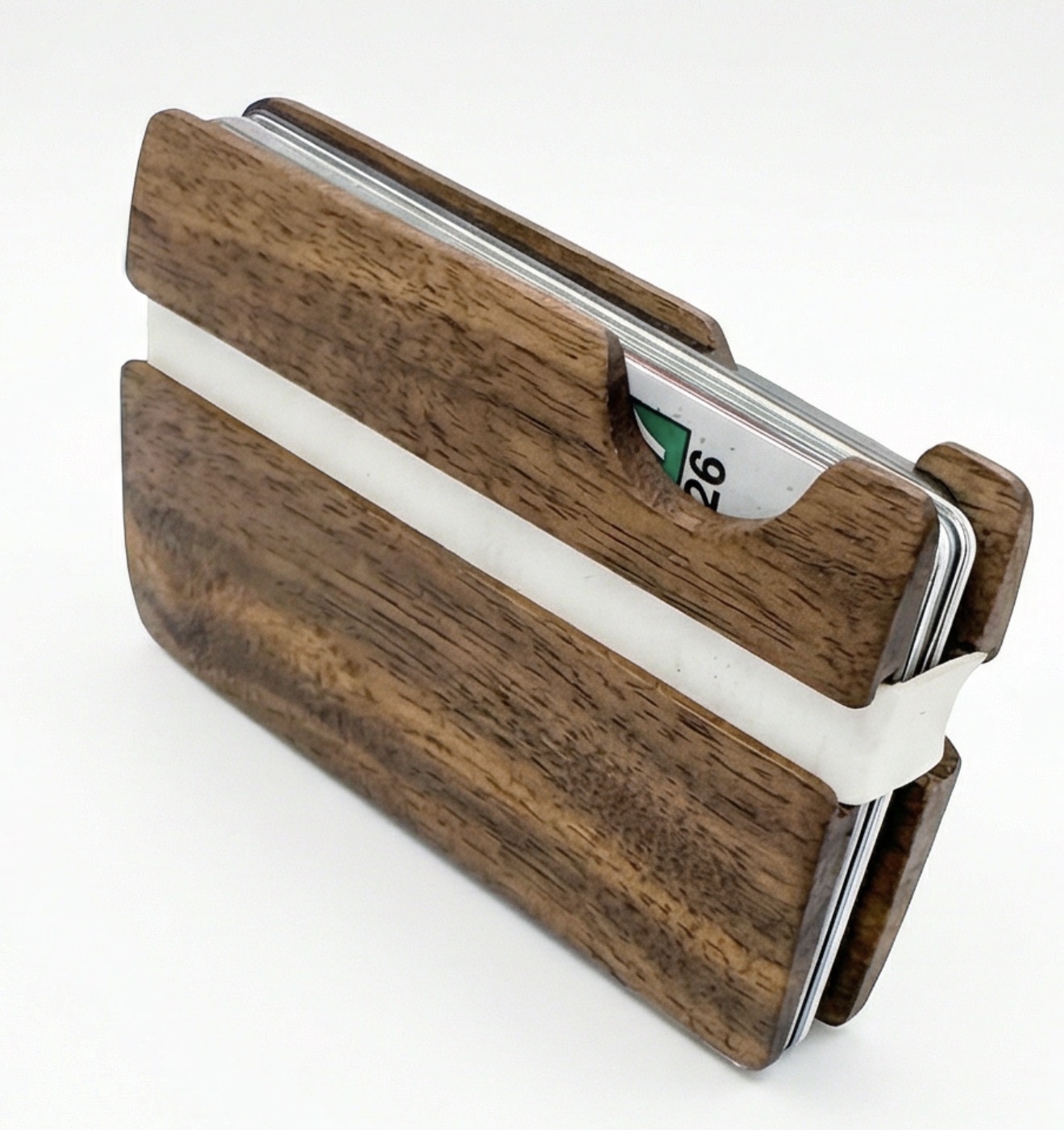 Tomi Wallet - Side angle view showing secure groove elastic system holding multiple cards